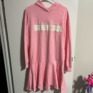 Pink Long Sleeve Hoodie Dress with 'Living On The Bright Side' Embroidery